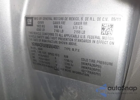 2011 Chevrolet Hhr Lt z USA, uszkodzony, nr VIN 3GNBACFU6BS664081